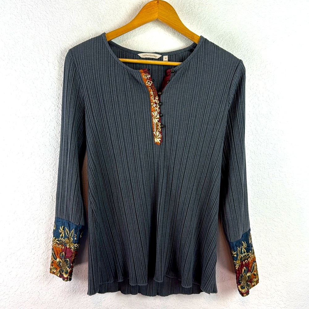 Soft Surroundings Gray Embroidered Long Sleeve ribbed boho oversized Henley top